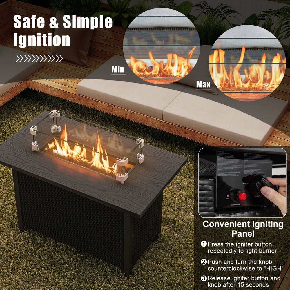 50000 BTU propane gas fire pit table with wind guard, featuring a stylish black wood texture for outdoor warmth.