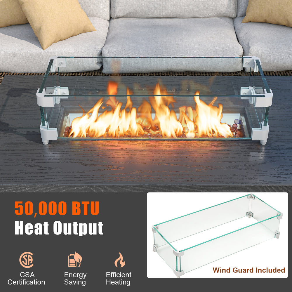 50000 BTU propane gas fire pit table with wind guard, featuring glass rocks and a stylish black rattan surface for.