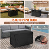 Versatile 2-in-1 propane fire pit table in black with removable lid, wind guard, and protective cover for outdoor use.