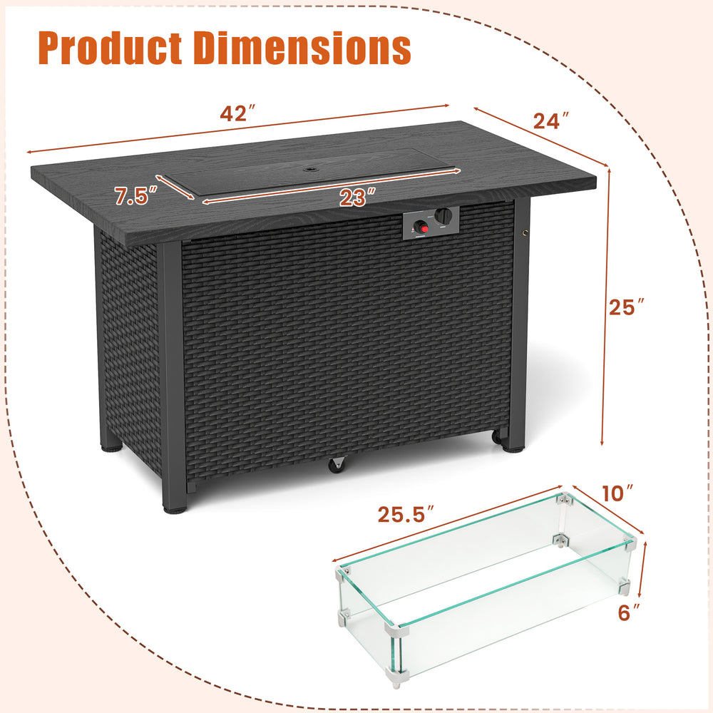 Dimensions of the 50000 BTU propane gas fire pit table with removable lid, featuring a black wood and rattan design.