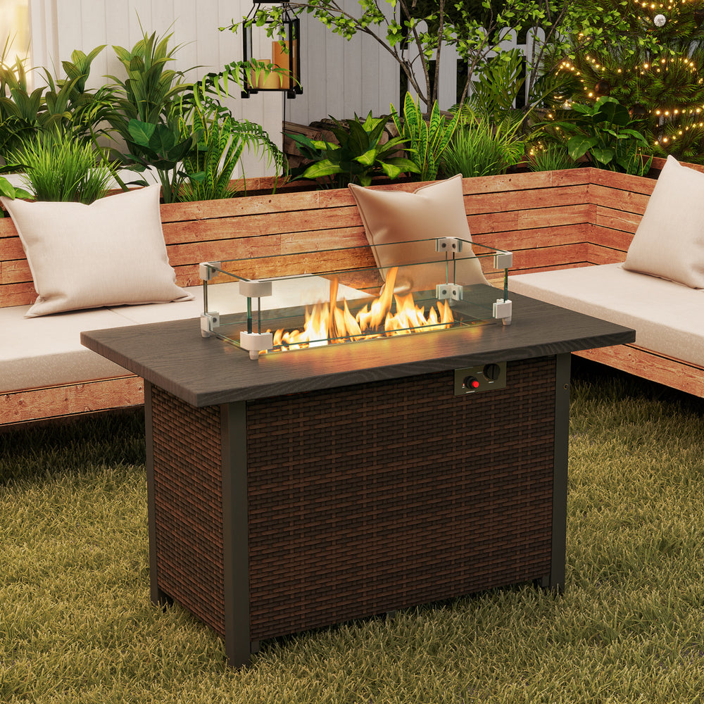 50000 BTU 2 Inch ropane Gas Fire Pit Table with Wind Guard and Glass Rocks-Brown - Gallery View 1 of 9