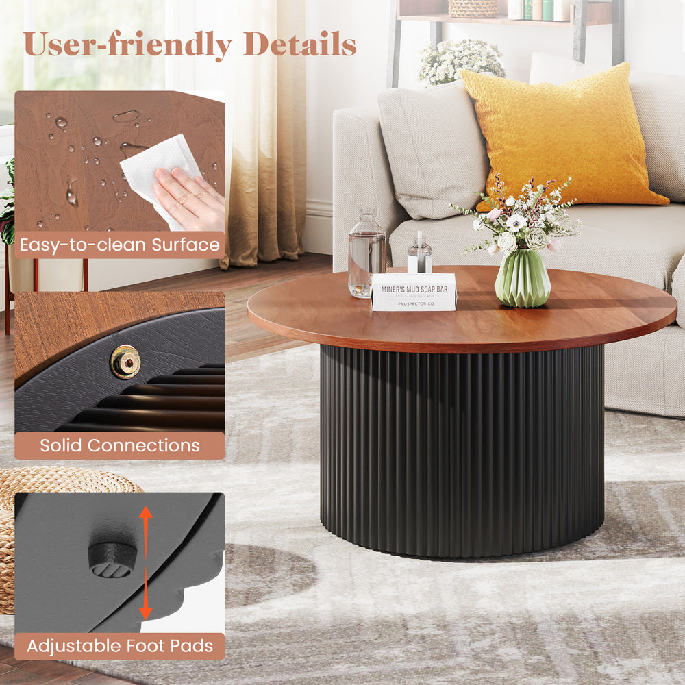 Round coffee table with walnut wooden top, solid wood frame, and adjustable foot pads for stability and easy.