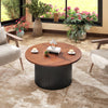 Round coffee table with walnut wooden top and solid wood frame, featuring a wave-shaped support post for stability.