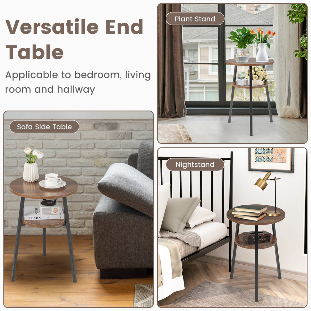 2-tier round end table set with walnut finish and triangular metal frame, ideal for living room or bedroom use.