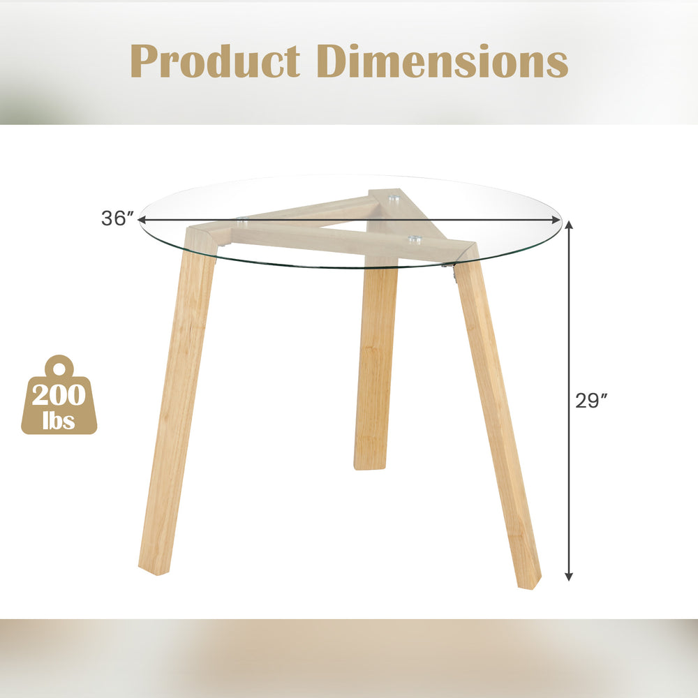 Round glass dining table with a rubber wood frame, 36" wide, stable triangular structure, suitable for various rooms.