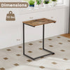 C-shaped industrial end table showing dimensions, featuring a rustic wood grain finish and sturdy metal frame for.
