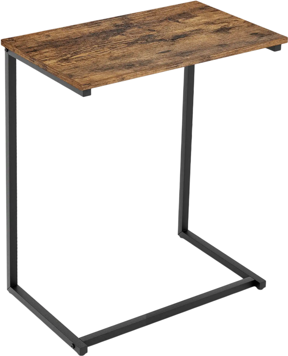 C-shaped industrial end table with a wood grain finish and metal frame, perfect for small spaces and multifunctional.