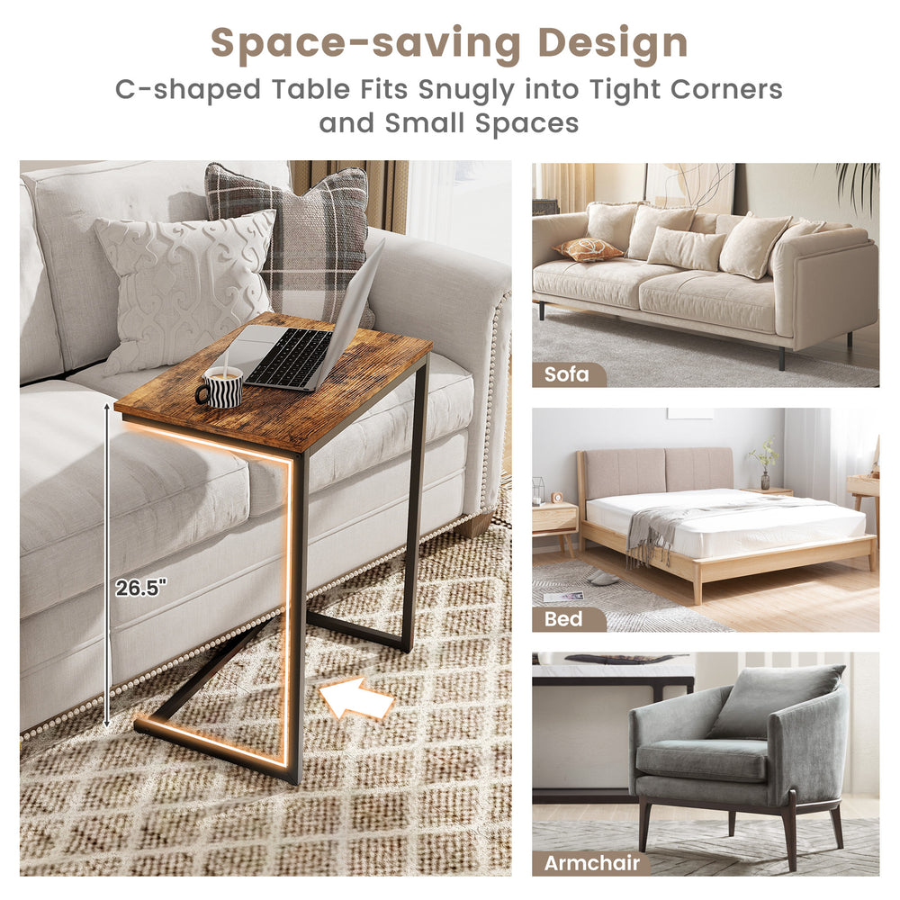 C-shaped industrial end table with wood grain finish and metal frame, ideal for small spaces and versatile use.