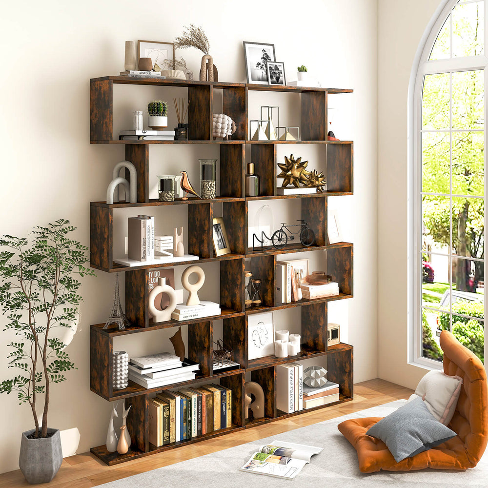 6 Tier S-Shaped Bookshelf Storage Display Bookcase Decor Z-Shelf -Coffee - Gallery View 1 of 10