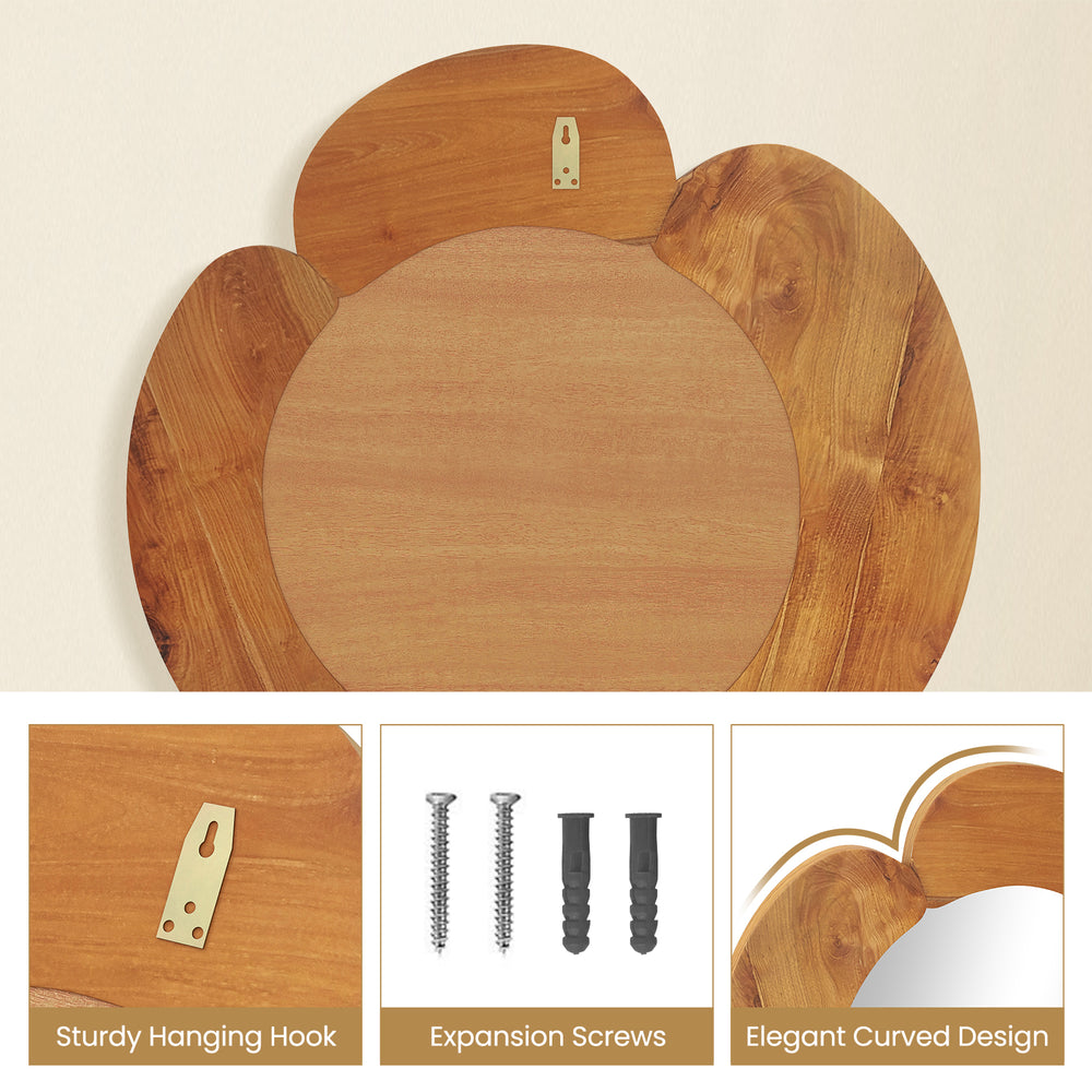 29-inch rustic hanging vanity mirror with elegant curved teak wood frame and sturdy hanging hook for secure mounting.