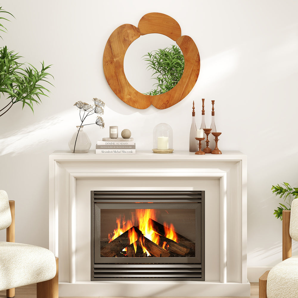 29-inch rustic hanging vanity mirror with a solid teak wood frame, elegantly curved for sophisticated decor in any room.