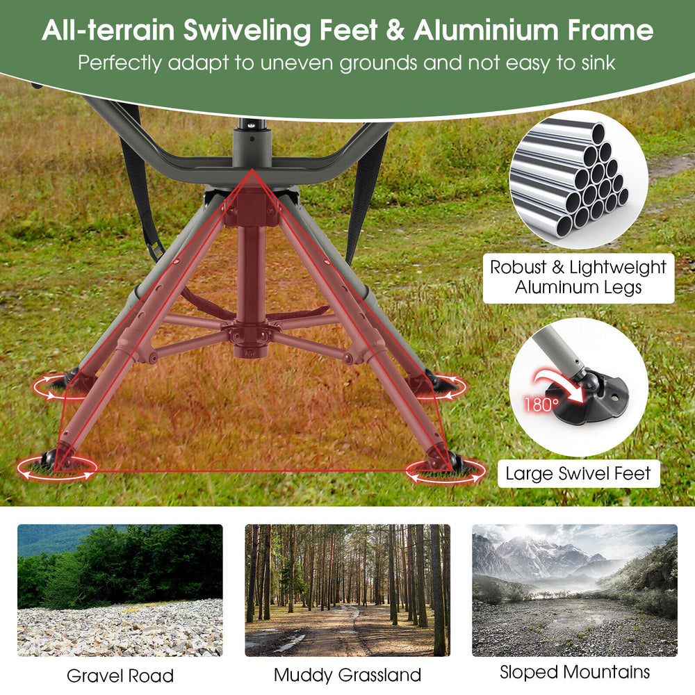360-degree silent swivel hunting chair with all-terrain feet and lightweight aluminum frame for stability and comfort.