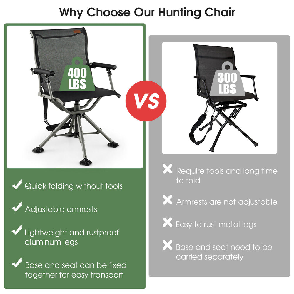 360-degree silent swivel hunting chair in black with adjustable armrests and lightweight aluminum legs for outdoor.