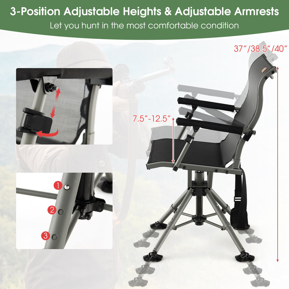 360-degree silent swivel hunting chair with adjustable heights and armrests, designed for comfort and stability in.