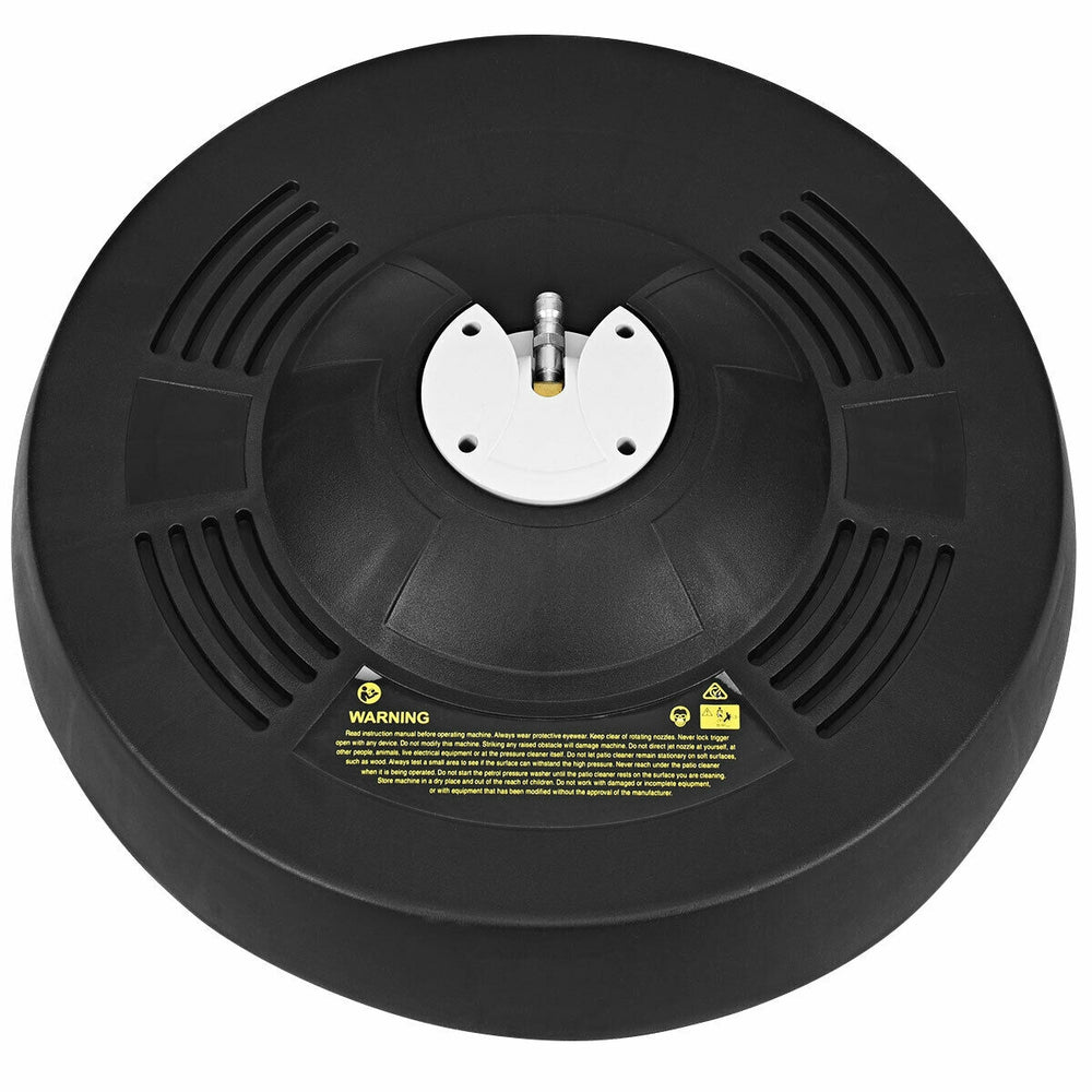 16-inch pressure washer surface cleaner attachment with dual rotating jets for streak-free cleaning of large surfaces.