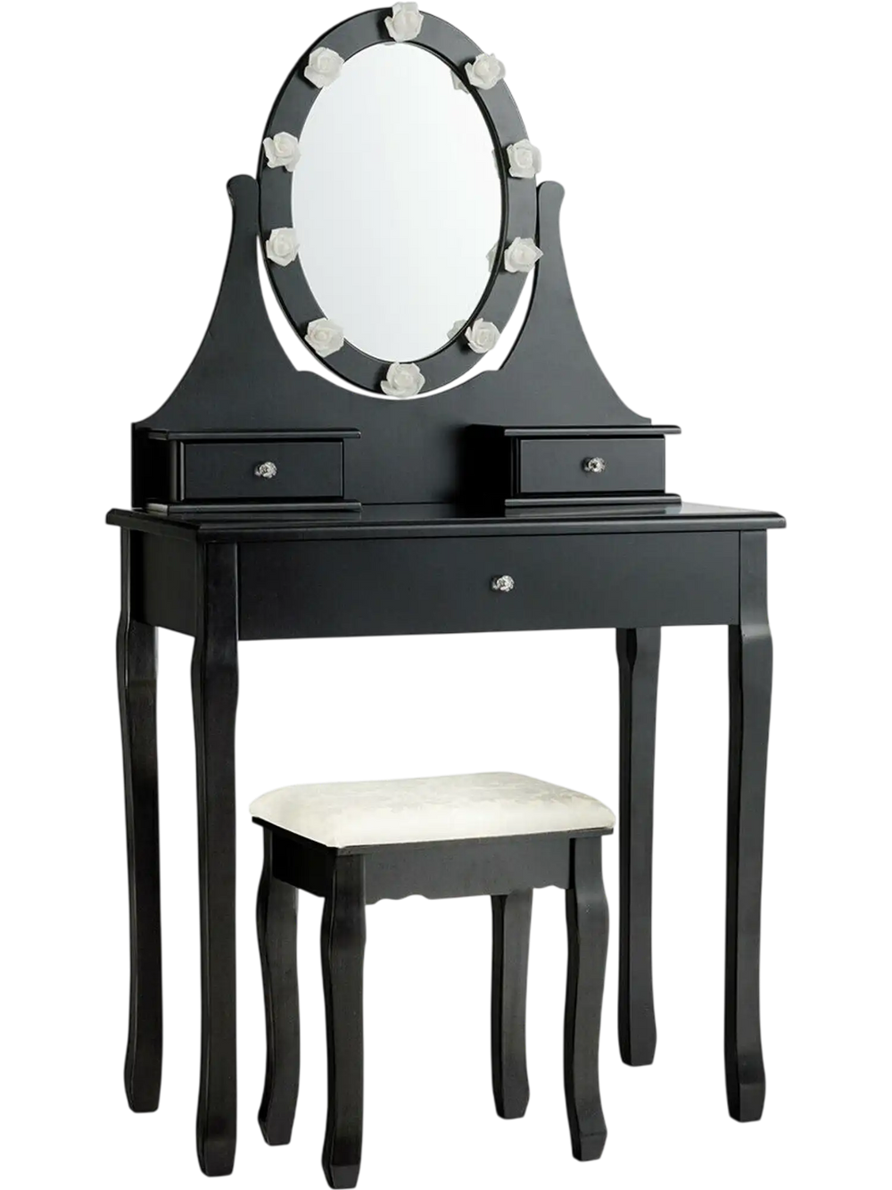Elegant black vanity dressing table with a decorative oval mirror, three drawers, and a cushioned stool for comfortable.