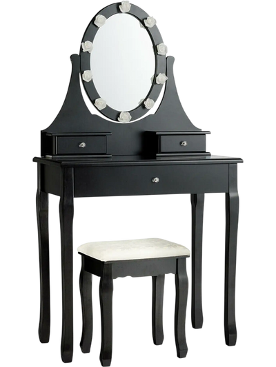 Costway Lighted Mirror Vanity Dressing Table Stool Set 3 Drawers 70265341 New
