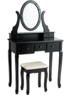 Classic black vanity table set featuring an oval mirror and cushioned stool, designed for makeup and versatile writing.