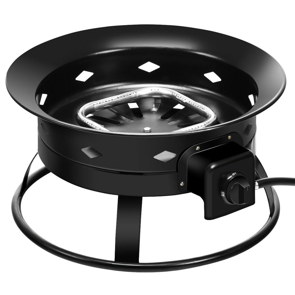 Compact portable propane fire pit with a round iron base and sturdy design, ideal for outdoor camping and gatherings.