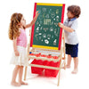 Kids using a double-sided art easel with blackboard and whiteboard, featuring paint cups and storage bags for.