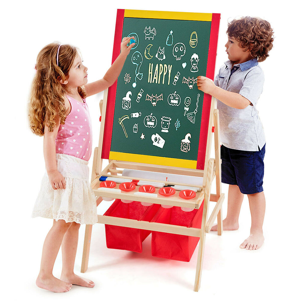 Kids using a double-sided art easel with blackboard and whiteboard, featuring paint cups and storage bags for.