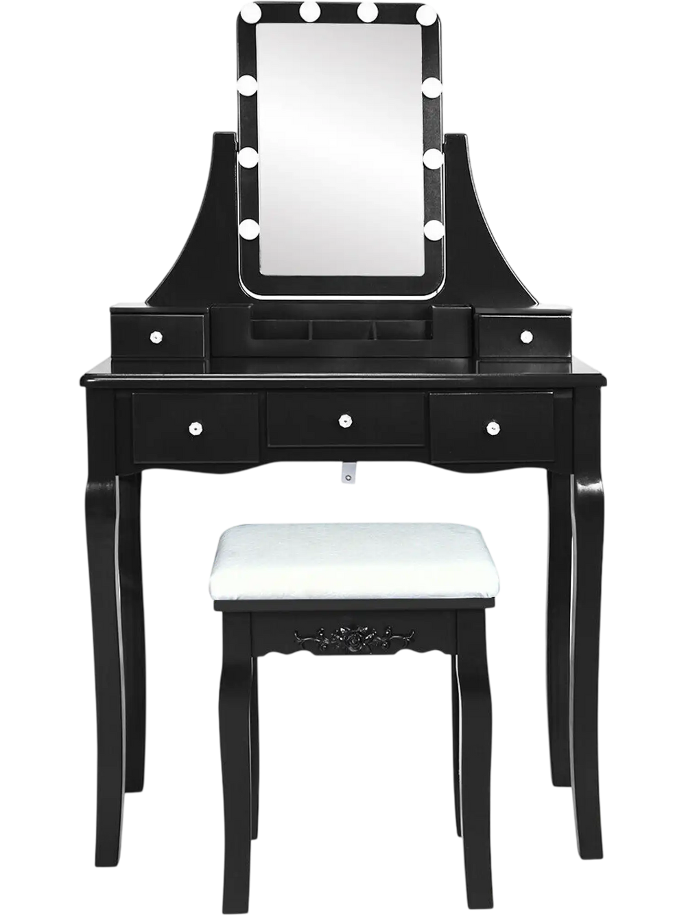 Detailed view of the black cushioned stool with solid wood legs, designed for comfort with the vanity dressing table.