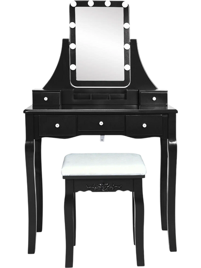 Costway Vanity Dressing Table w/ 10 Dimmable LED Light Bulbs & Cushioned Stool 20174386 New