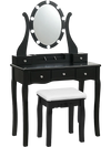 Elegant black vanity table set with lighted mirror, 10 dimmable lights, and cushioned stool for makeup and storage.