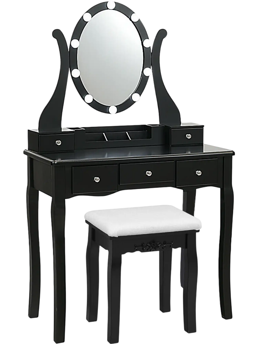 Elegant black vanity table set with lighted mirror, 10 dimmable lights, and cushioned stool for makeup and storage.