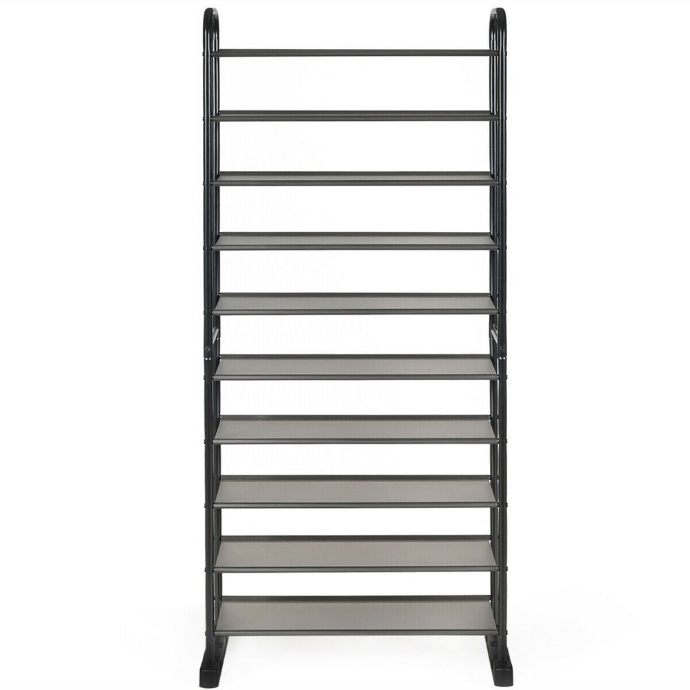 10-tier free-standing metal frame shoe rack with removable layers, ideal for compact spaces in hallways or entryways.