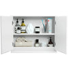 Wall-mounted mirrored medicine cabinet with open doors showcasing organized toiletries and towels for bathroom storage.