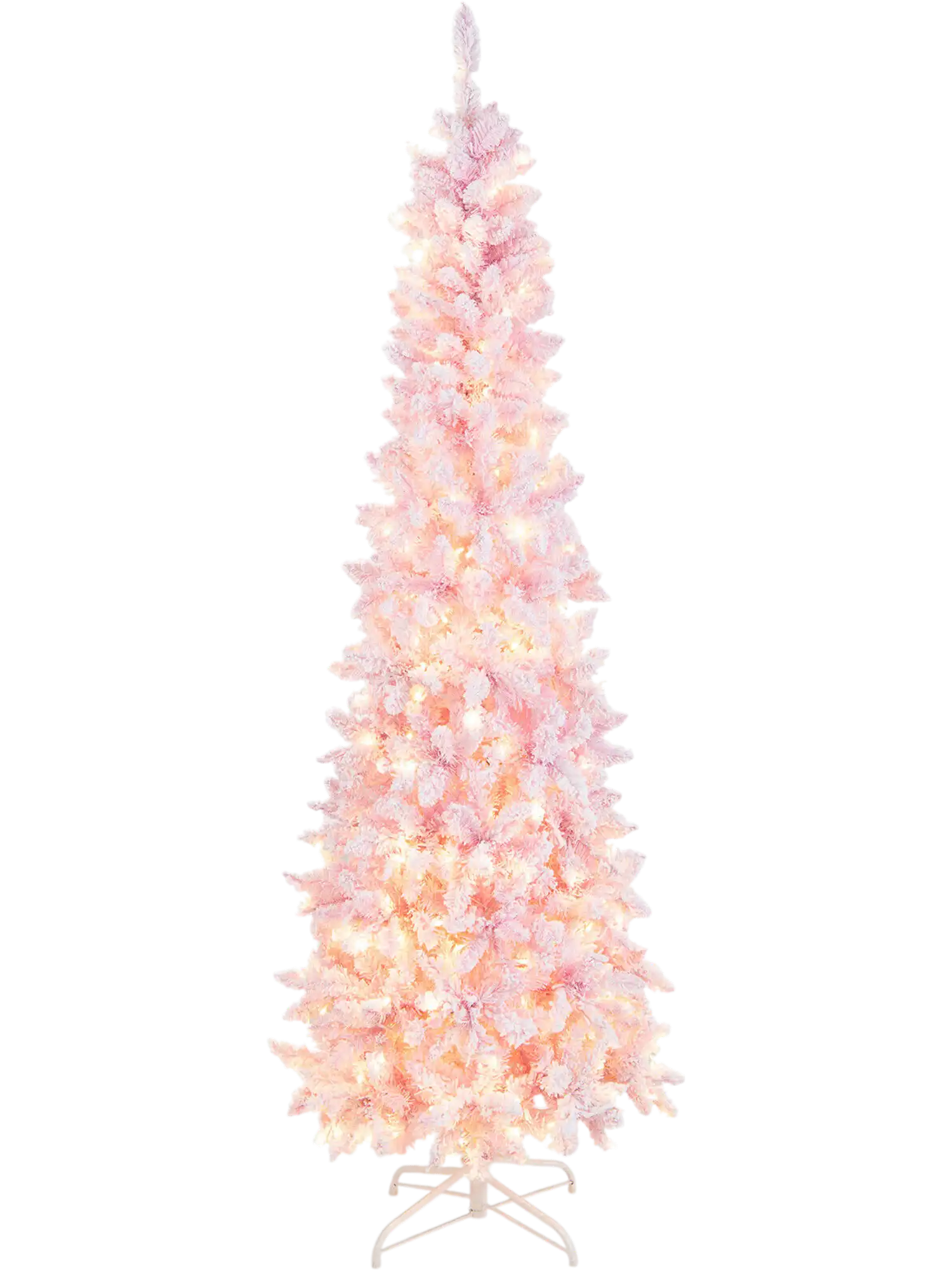 Costway 7' Pre-Lit Snow Flocked Hinged Pencil Christmas Tree 300 Lights 8 Modes 25469810 New
