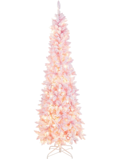 Costway 7' Pre-Lit Snow Flocked Hinged Pencil Christmas Tree 300 Lights 8 Modes 25469810 New