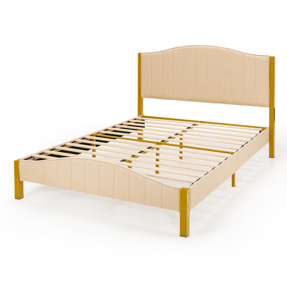 Upholstered queen size bed frame with quilted headboard in beige, featuring solid wood slats and adjustable foot pads.