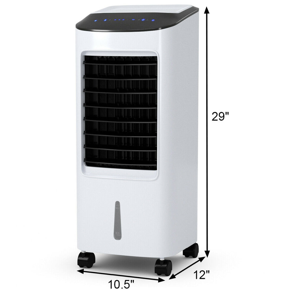 Evaporative portable air cooler fan with remote control, 29" tall, 7L water tank, ideal for home and office use.
