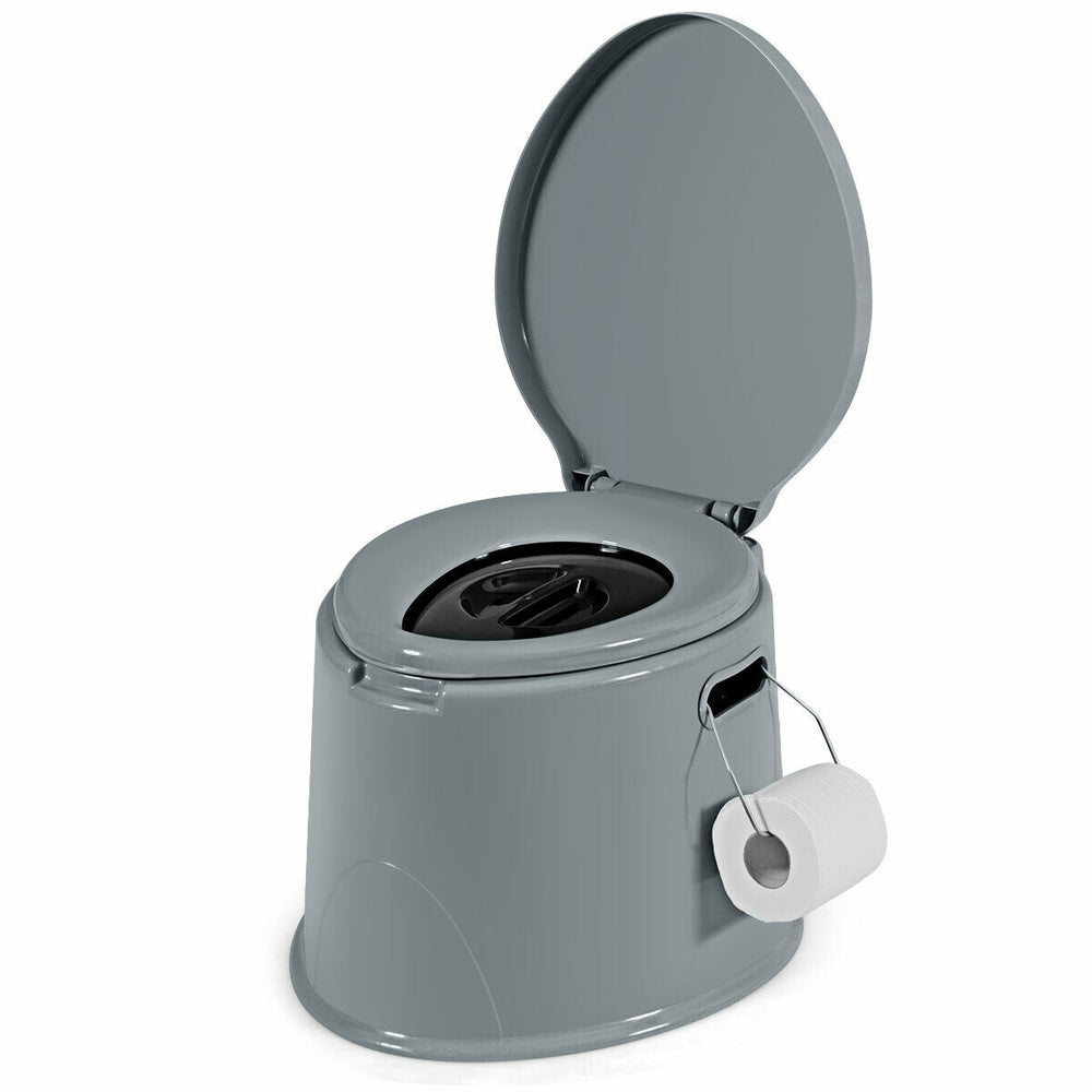 5L portable travel toilet in gray featuring a sturdy handle for easy carrying, perfect for camping and outdoor.