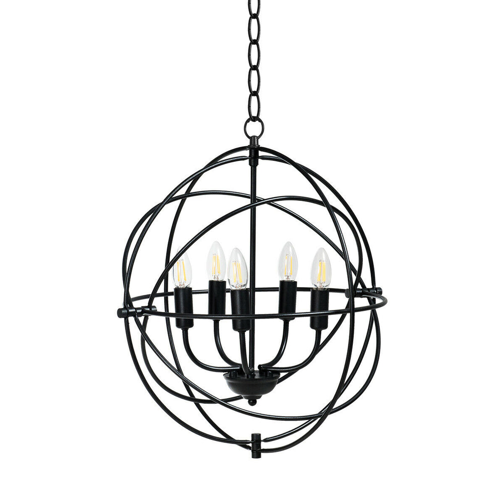 20-inch black metal chandelier with 5 E12 bulb holders and adjustable interlocking rings for versatile lighting.