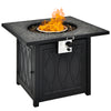 Square 32-inch propane fire pit table in black with lava rocks, perfect for outdoor patio and garden use.