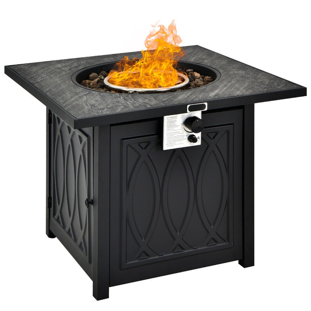 Square 32-inch propane fire pit table in black with lava rocks, perfect for outdoor patio and garden use.