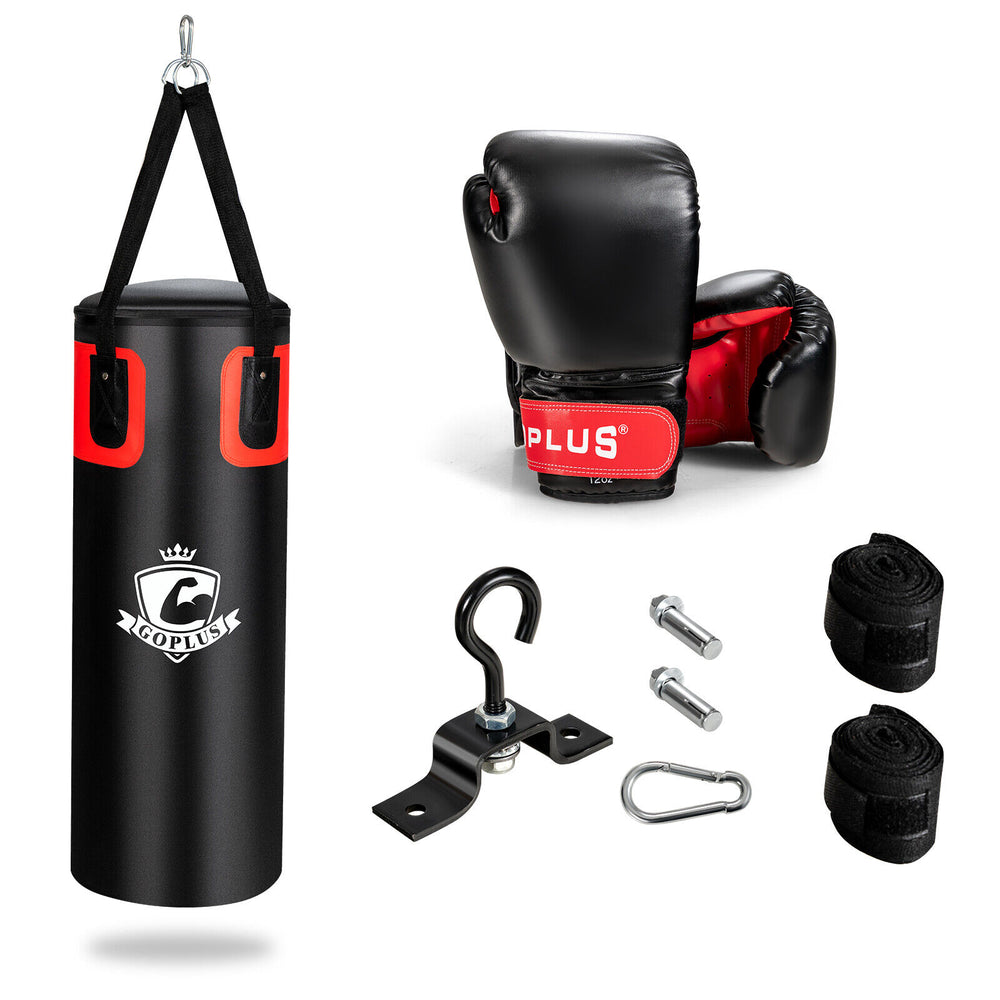 Filled punching bag set with gloves, hand wraps, and mounting hardware for boxing training and martial arts practice.