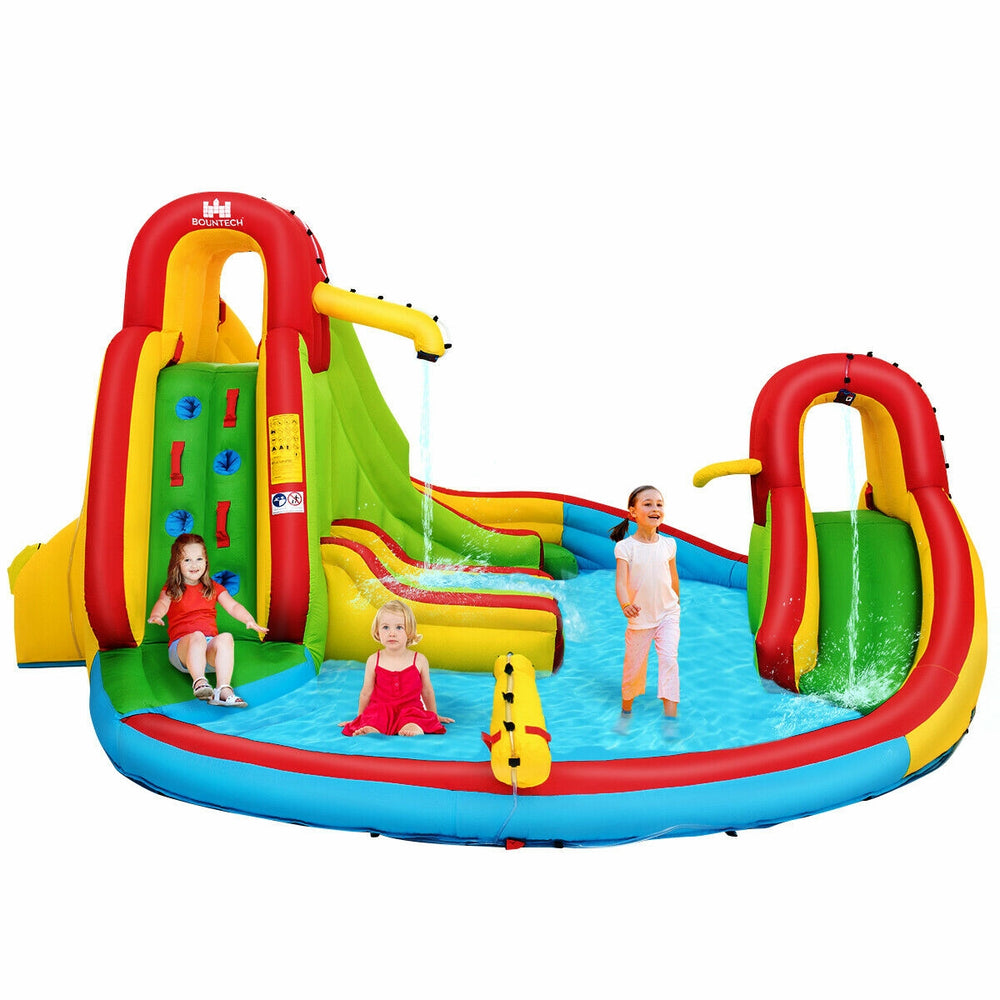 Colorful inflatable water slide bounce house with climbing wall and splash pool for kids aged 3-10, perfect for summer.