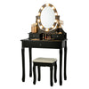 Black vanity dressing table set with 360-degree mirror, 3 drawers for storage, and cushioned stool for comfortable.