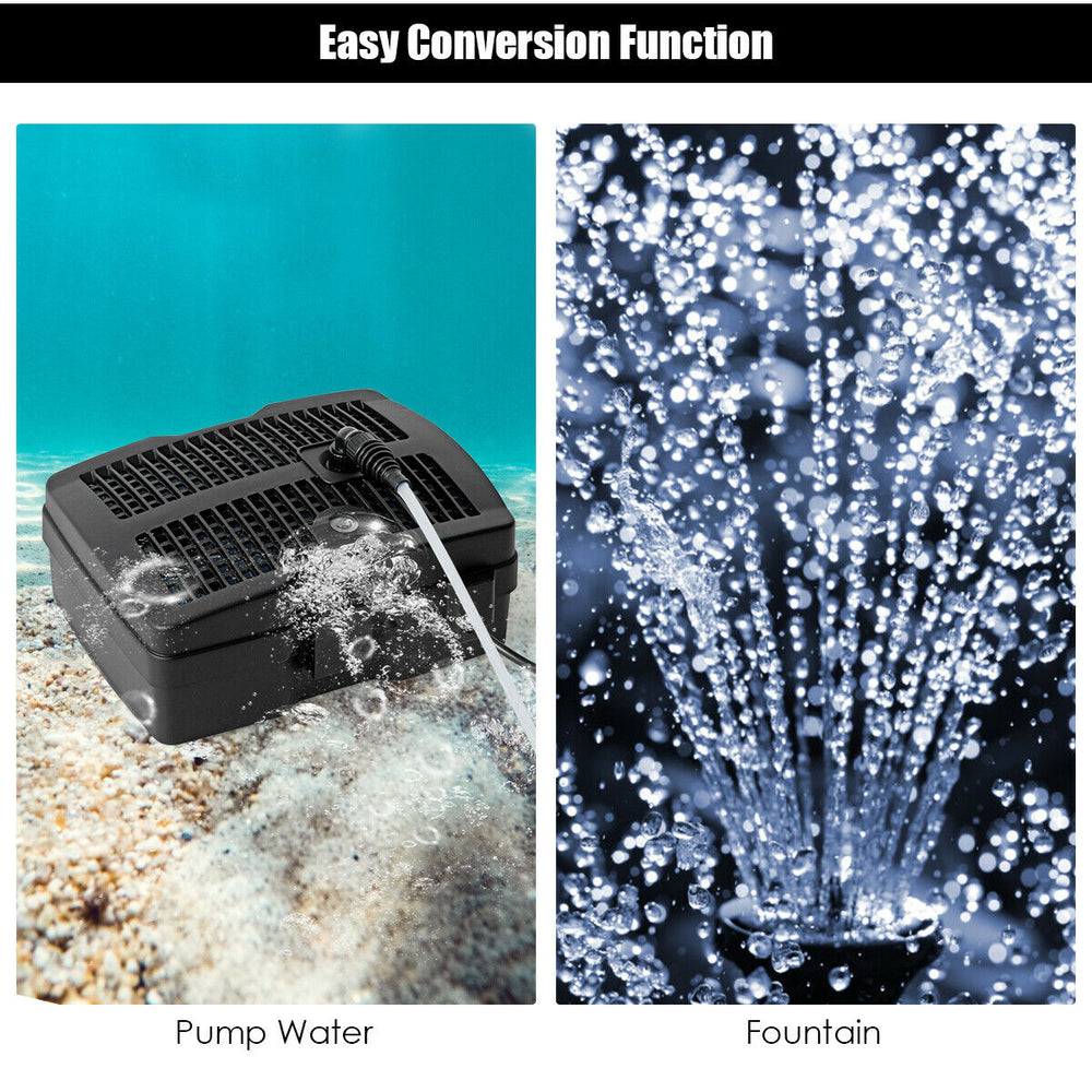 Pond filter pump with fountain jet, includes multiple fountain heads and UV sterilizer for improved water quality.