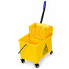 Close-up of the 21 Quart yellow mop bucket with side press wringer, highlighting the handle and caution warning signs.