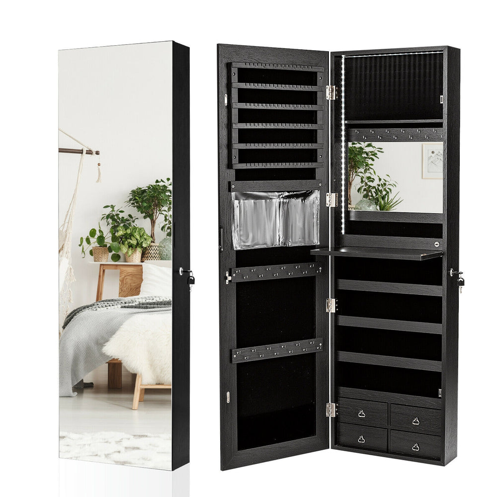 Multipurpose black storage cabinet with full-length mirror, 4 drawers, and organized jewelry storage for cosmetics and.