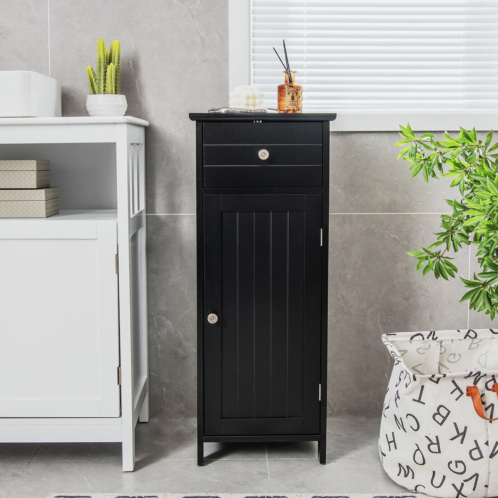 Wooden Bathroom Floor Storage Cabinet with Drawer and Shelf-Black - Gallery View 1 of 11