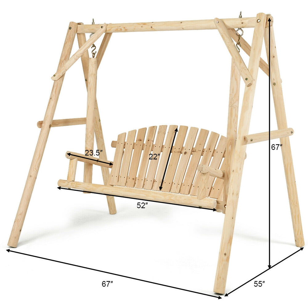 Outdoor wooden porch bench swing chair with rustic curved back, made of fir wood, perfect for patio and garden use.