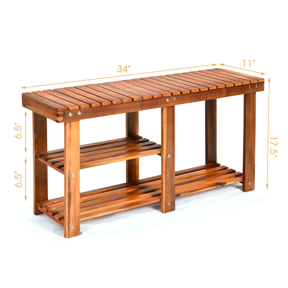 3-tier freestanding wooden shoe organizer with seat, made of acacia wood, ideal for entryway or bathroom storage.
