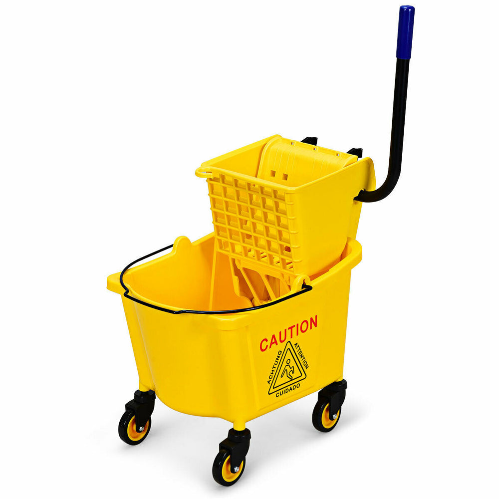 26 quart yellow mop bucket with side press wringer, swivel wheels, and ergonomic handle for easy mobility and safety.
