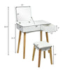 Wooden vanity table with flip top mirror and cushioned stool, featuring ample storage and elegant white finish for home.